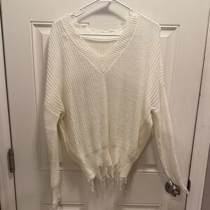 Women’s White V-Neck Distressed Sweater